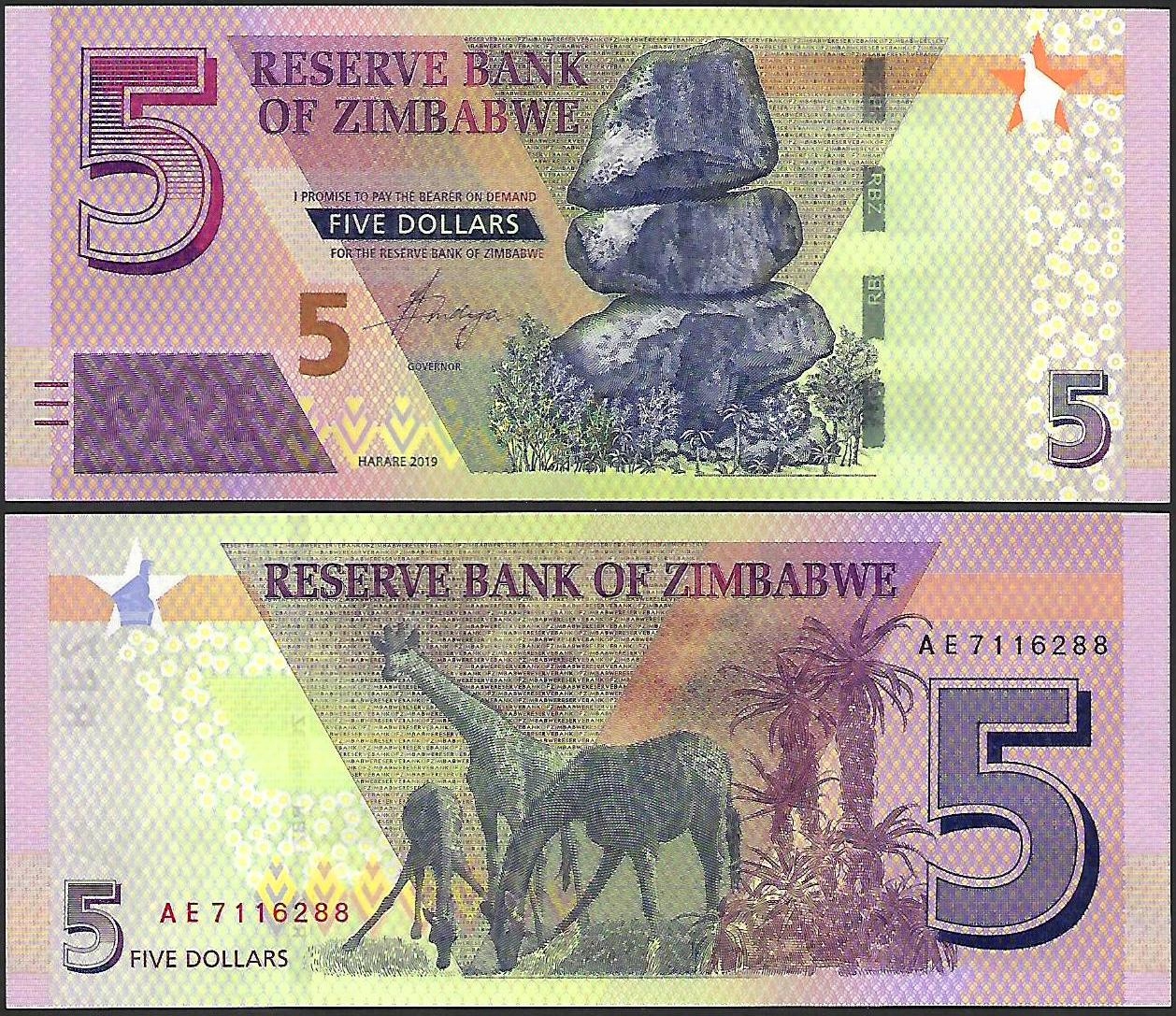 * ZIMBABWE 5 dolarów 2019 P-102 ** stan UNC ** seria AE