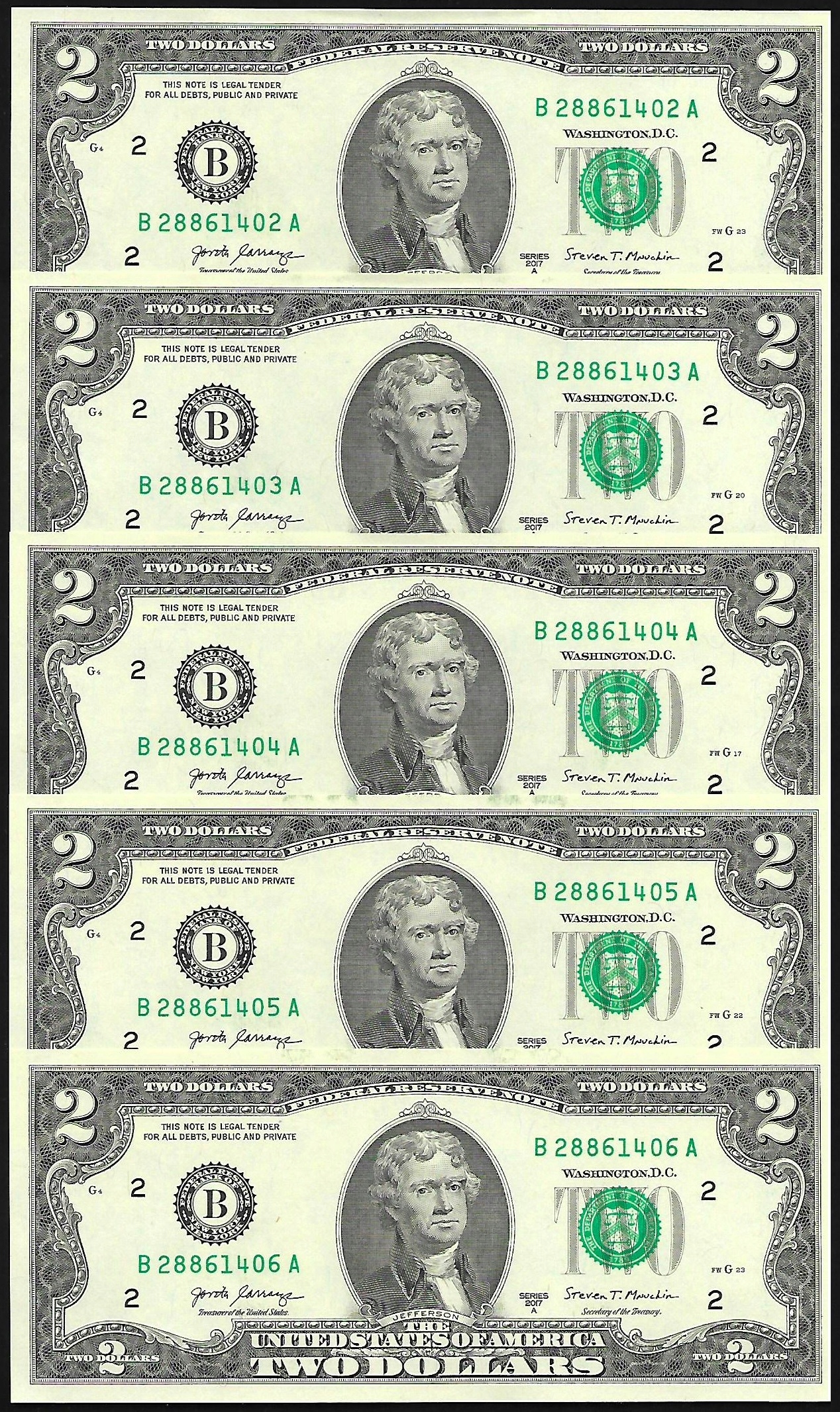 * USA STANY ZJEDNOCZONE ZESTAW 5 sztuk x 2 dollary 2017A P-545 * stan UNC *