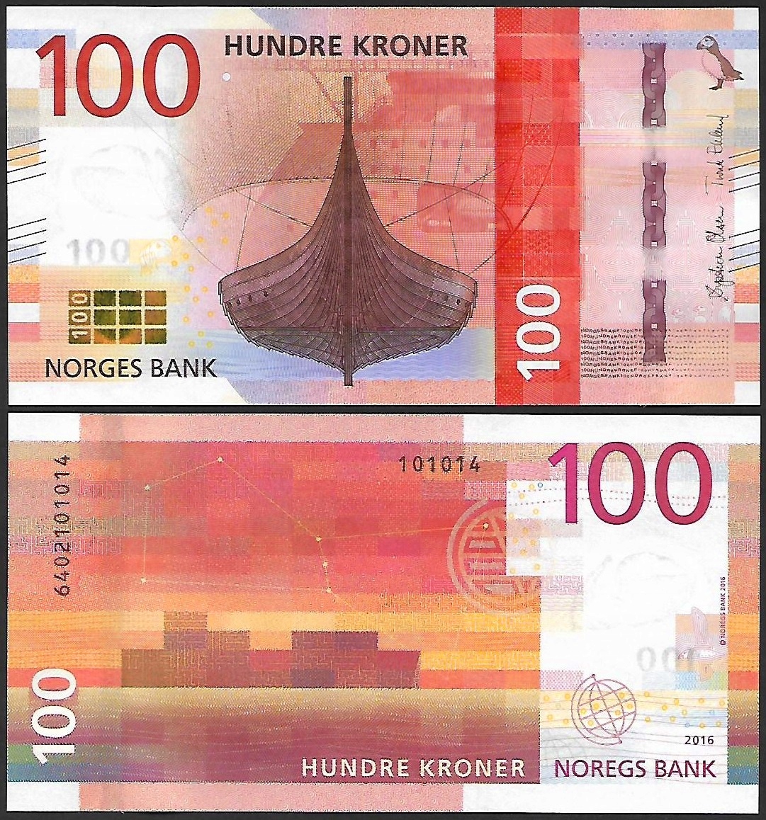 * NORWEGIA 100 koron 2016 P- 54 ** stan UNC ** łódź wikingów