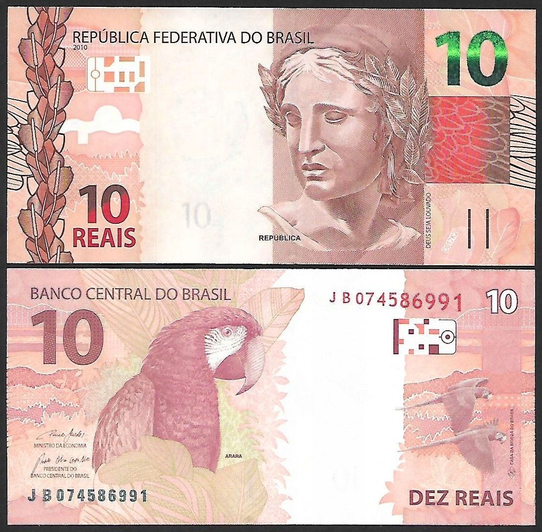 * BRAZYLIA 10 reais 2010 P-254 e ** stan UNC ** PAPUGA