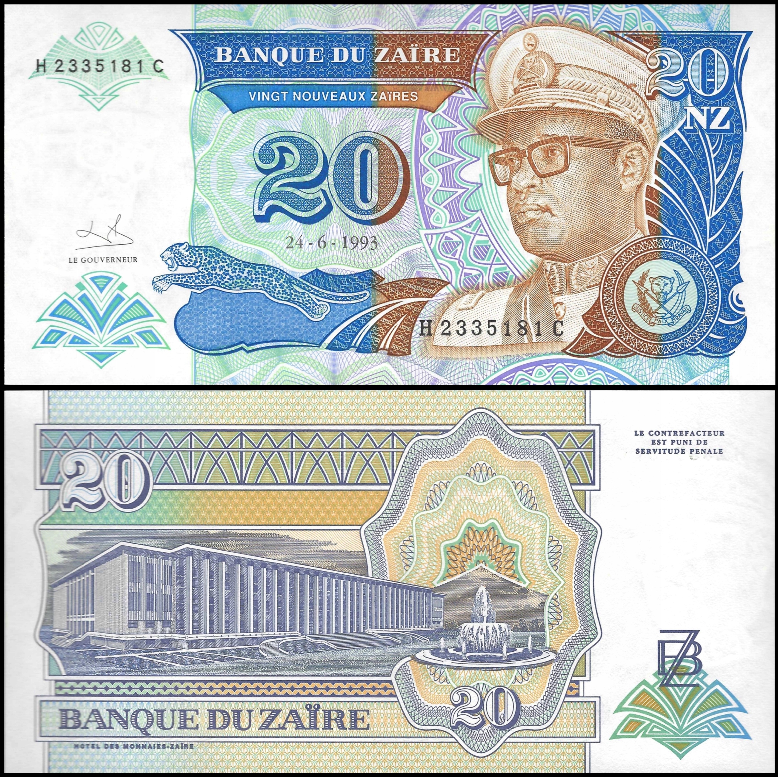 * ZAIR / KONGO 20 nowych zaires 1993 P- 56 ** stan UNC ** Mobutu Sese Seko