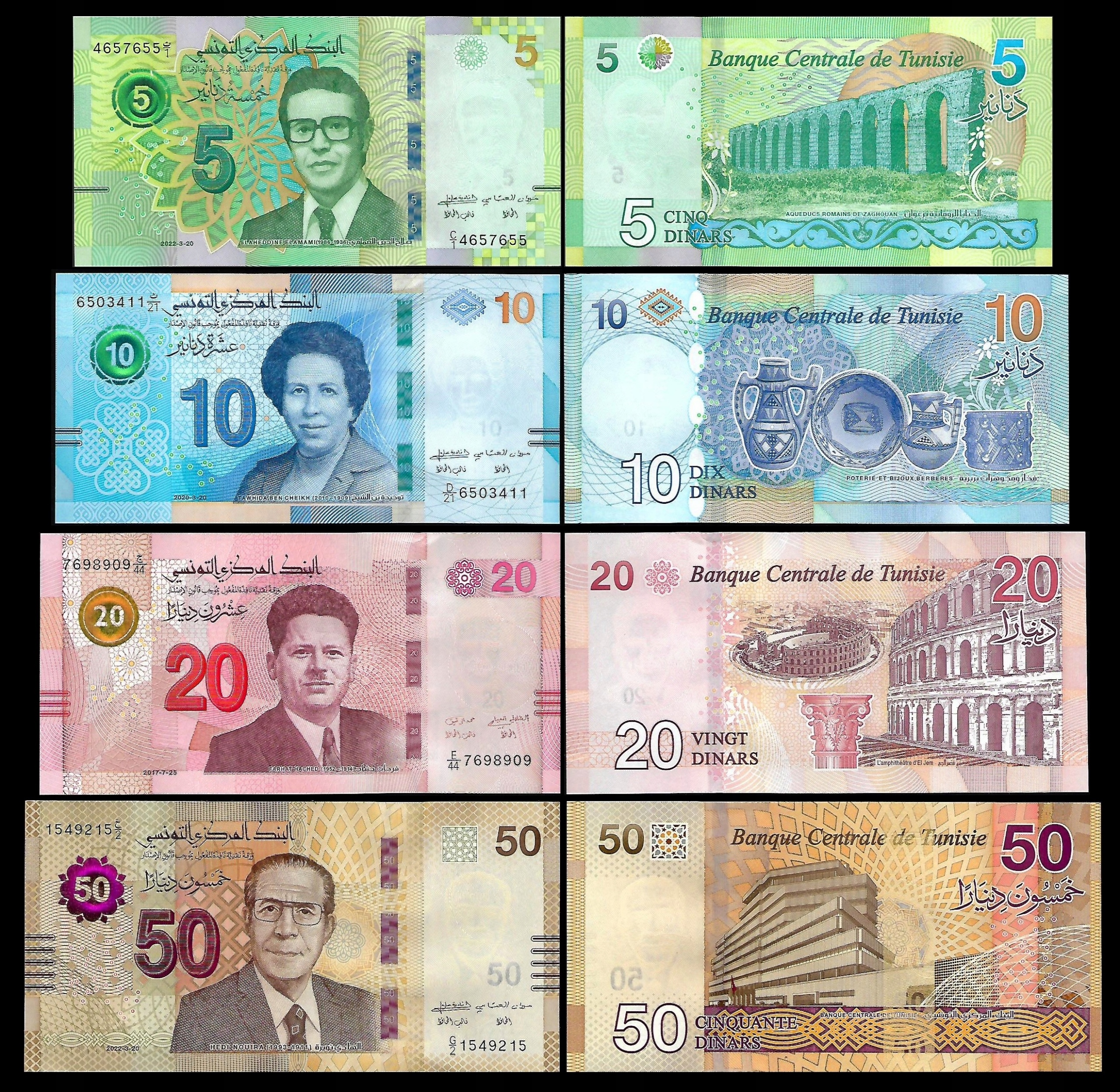 * TUNEZJA zestaw 5, 10, 20 oraz 50 dinars 2017-2022 ** stan UNC **