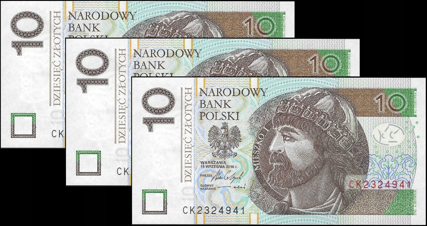 * POLSKA 3 x 10 złotych 2016 P-183 * UNC * seria CK * kolejne numery