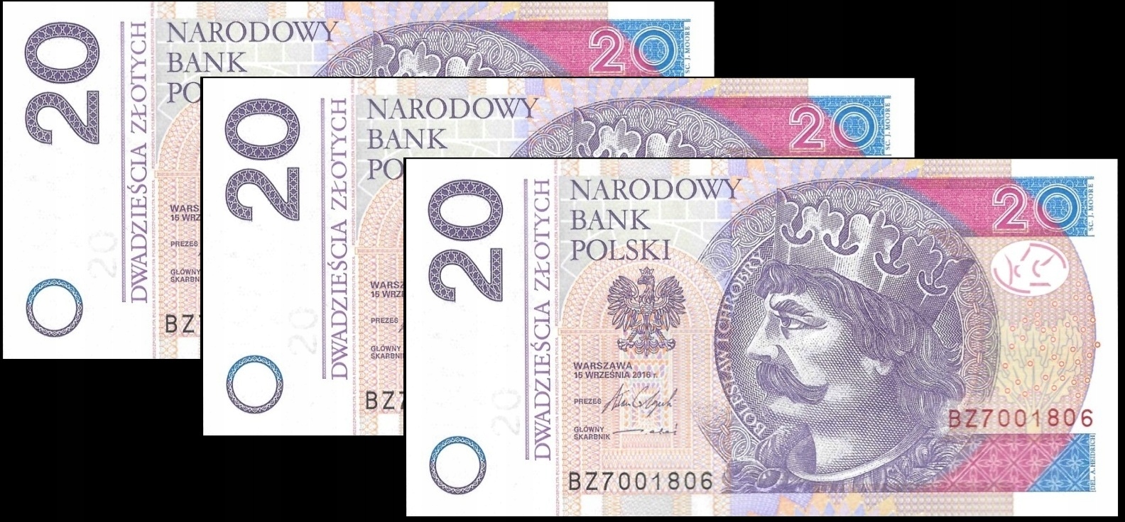 * POLSKA zestaw 3 x 20 złotych 2016 P-184 * UNC * seria BZ * kolejne numery