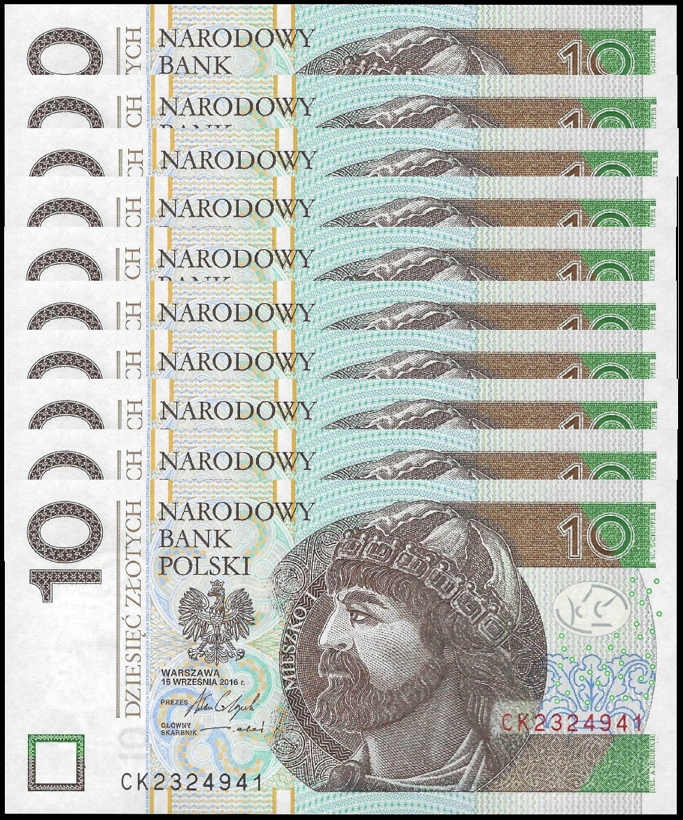 * POLSKA 10 sztuk x 10 złotych 2016 P-183 * UNC * seria CK * kolejne numery