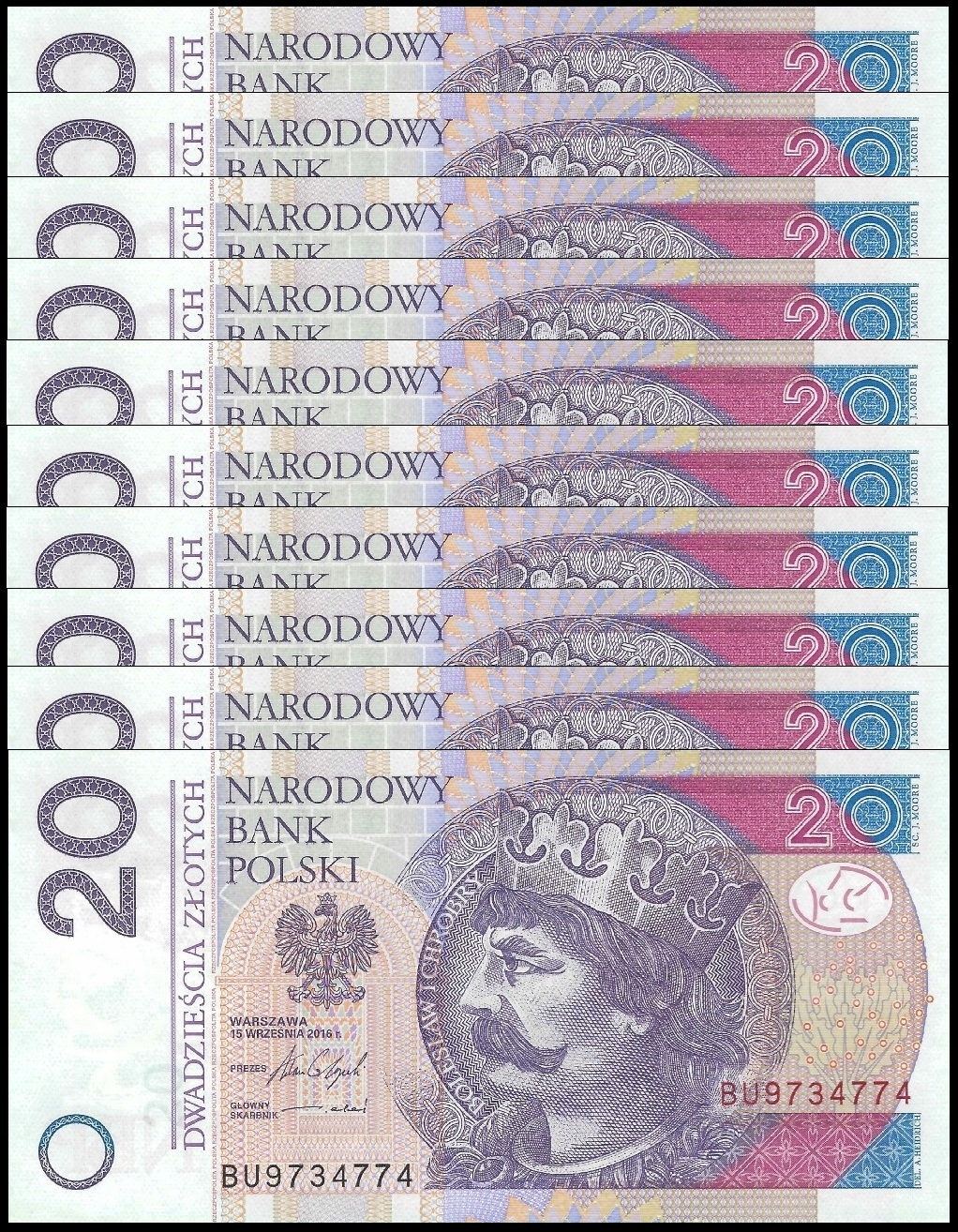 * POLSKA 10 sztuk x 20 złotych 2016 P-184 * UNC * seria BU * kolejne numery