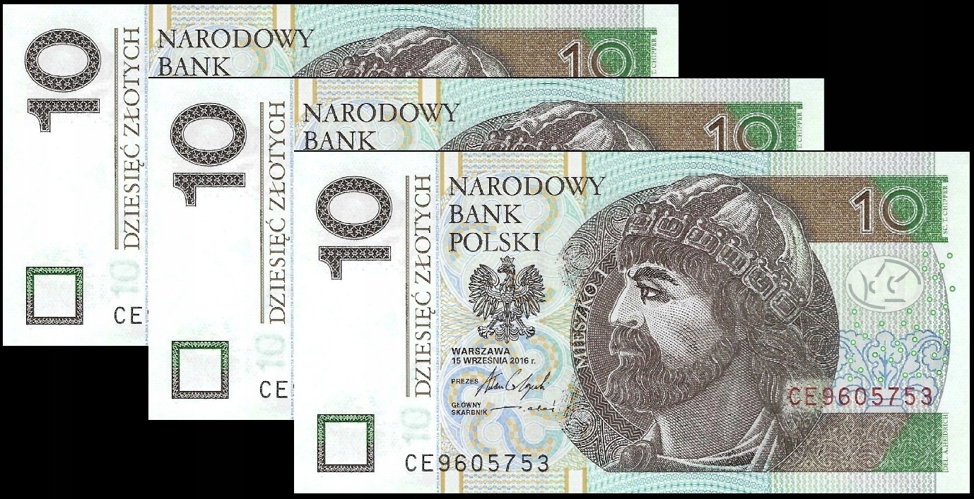 * POLSKA 3 x 10 złotych 2016 P-183 * UNC *seria CE * kolejne numery