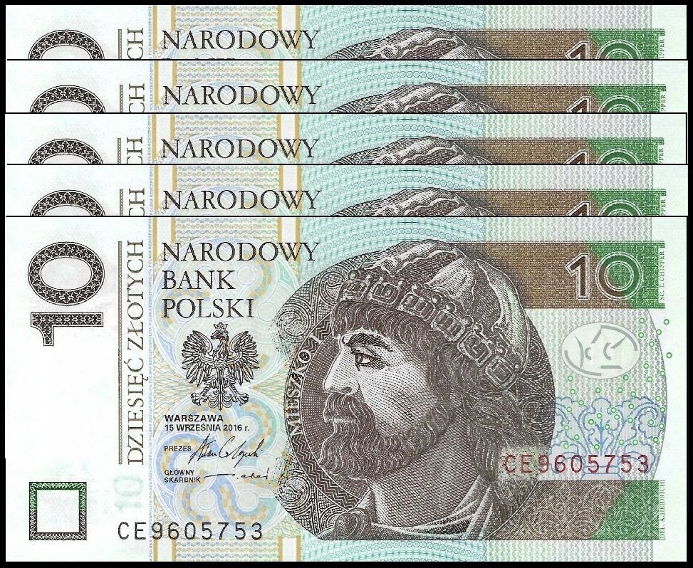 * POLSKA 5 x 10 złotych 2016 ** stan UNC * seria CE * kolejne numery