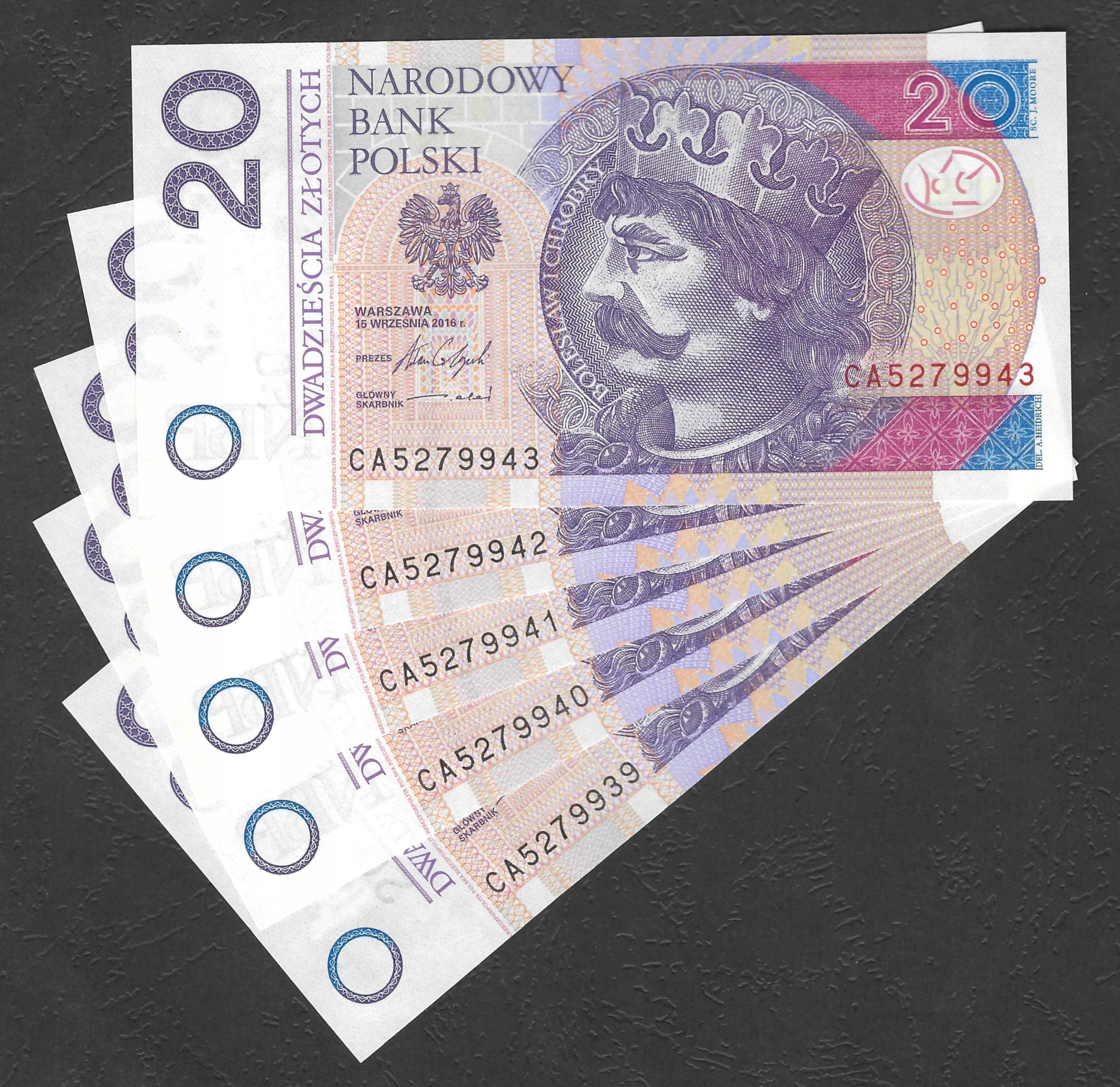 * POLSKA zestaw 5 x 20 złotych 2016 P-184 ** UNC ** seria CA kolejne numery
