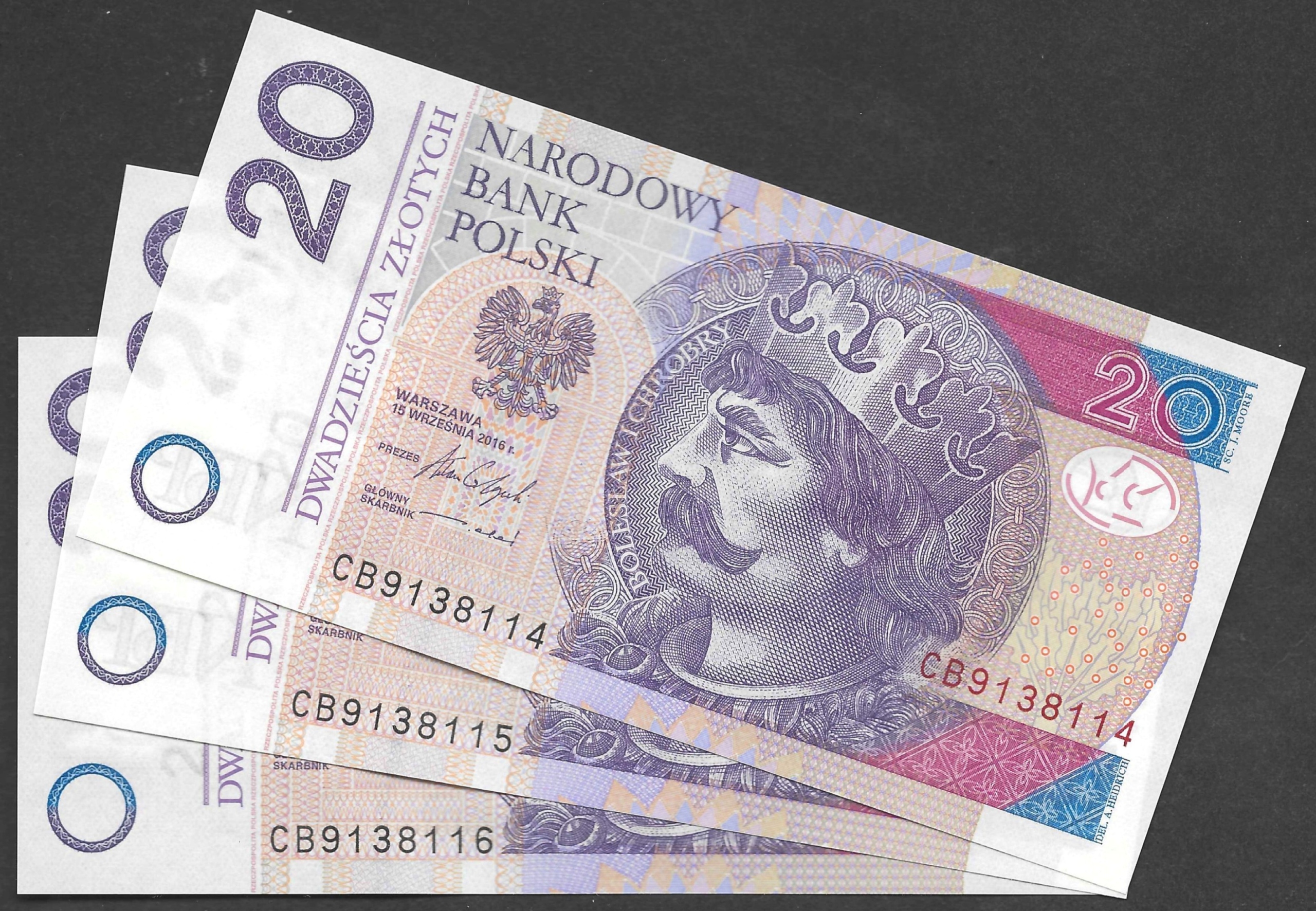* POLSKA zestaw 3 x 20 złotych 2016 P-184 * UNC * seria CB * kolejne numery