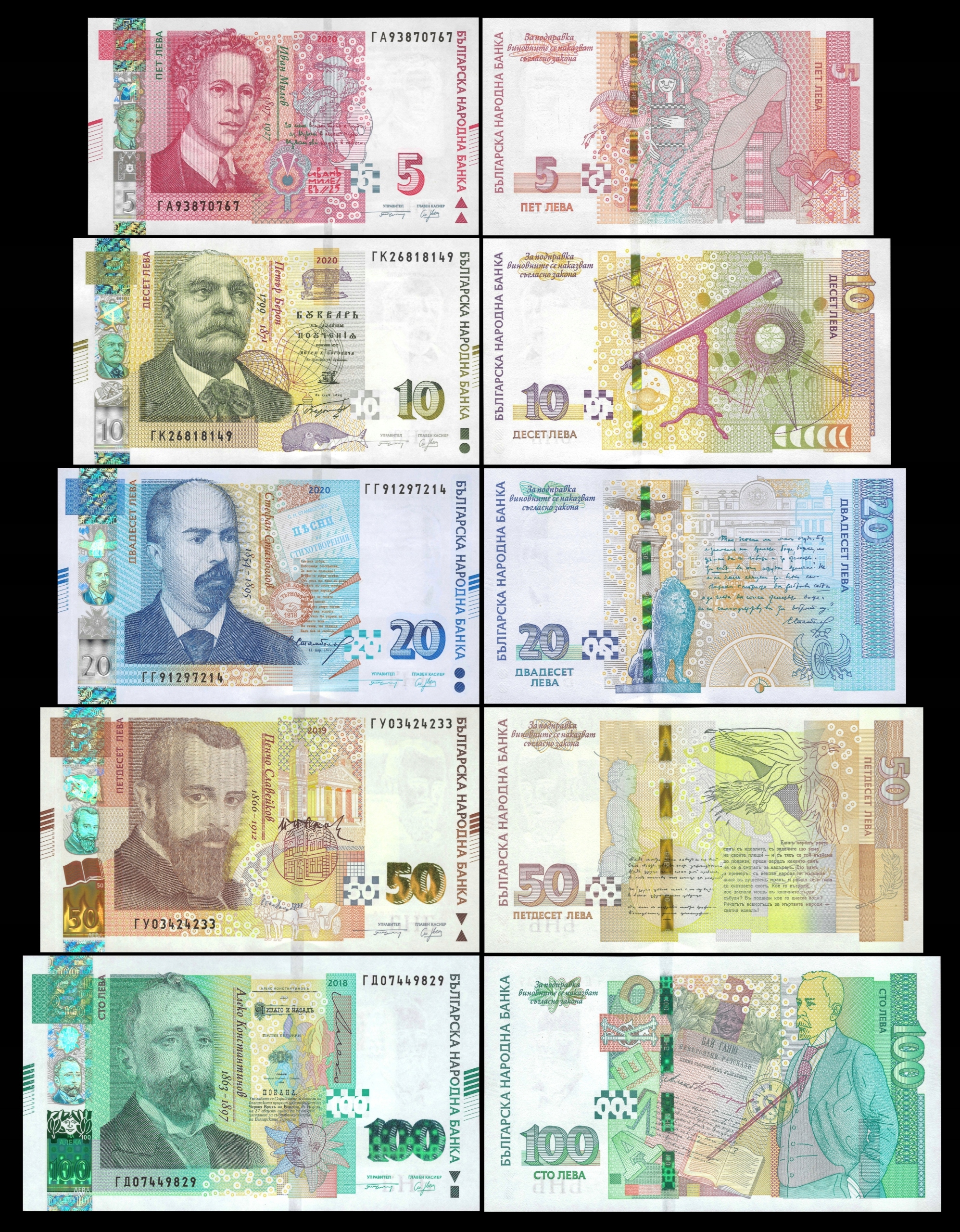 * BUŁGARIA zestaw 5 10 20 50 100 leva/ lewa 2018-20 P 116-120 * stan UNC *