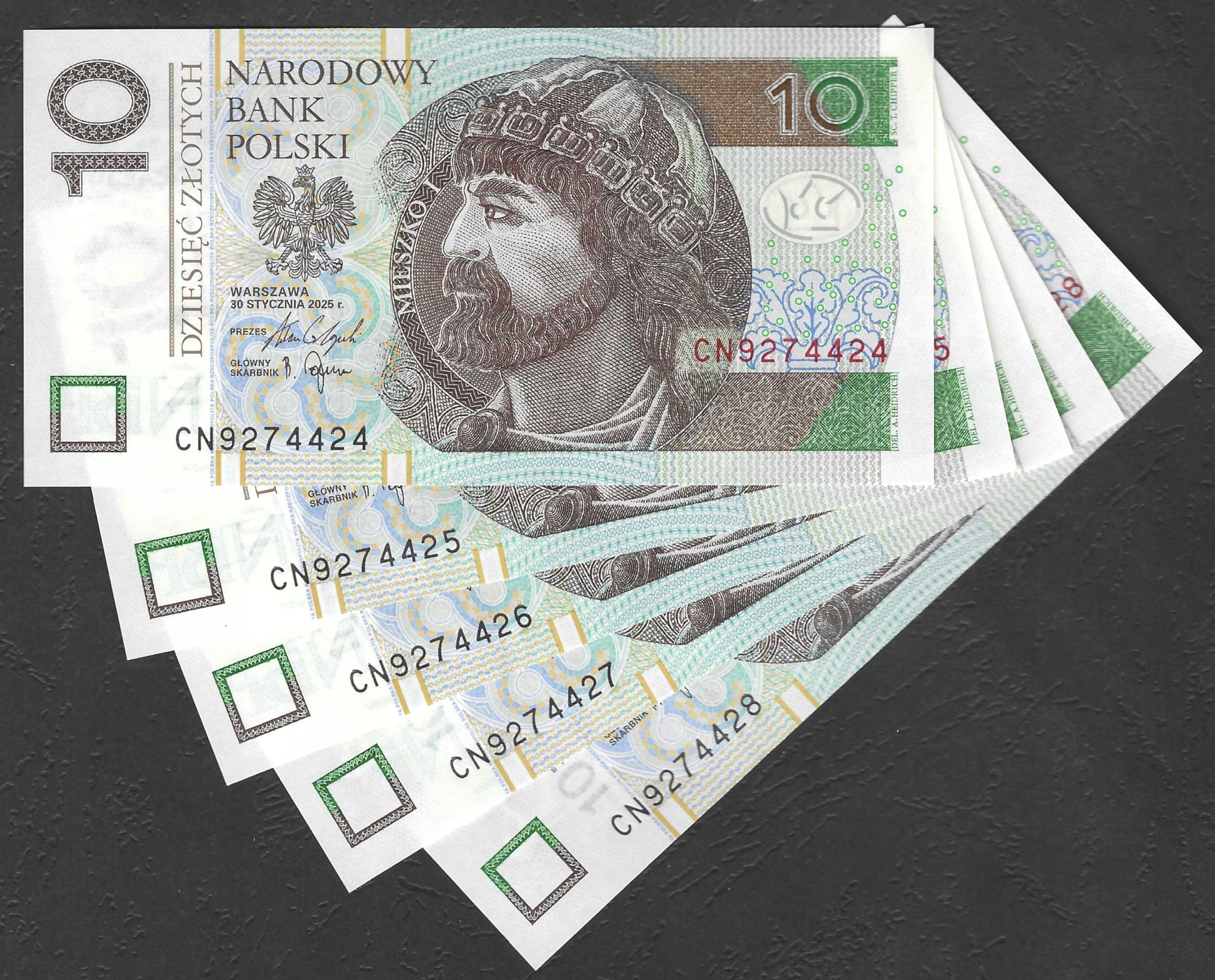* POLSKA 5 x 10 złotych 2025 * UNC * seria CN * kolejne numery * nowa data