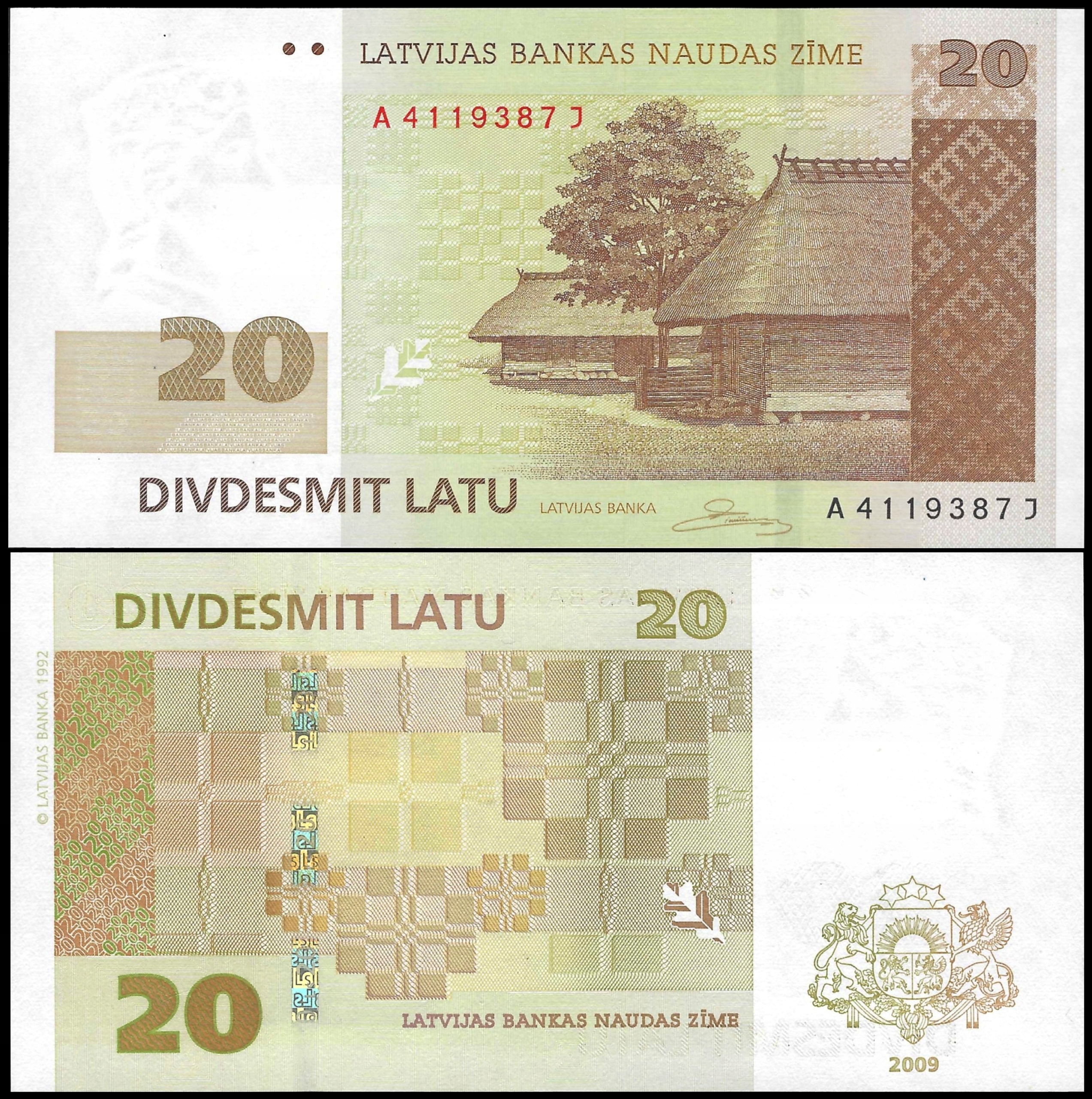 * ŁOTWA 20 łatów 2009 P-55b * UNC * zastąpiony przez Euro * rzadki *