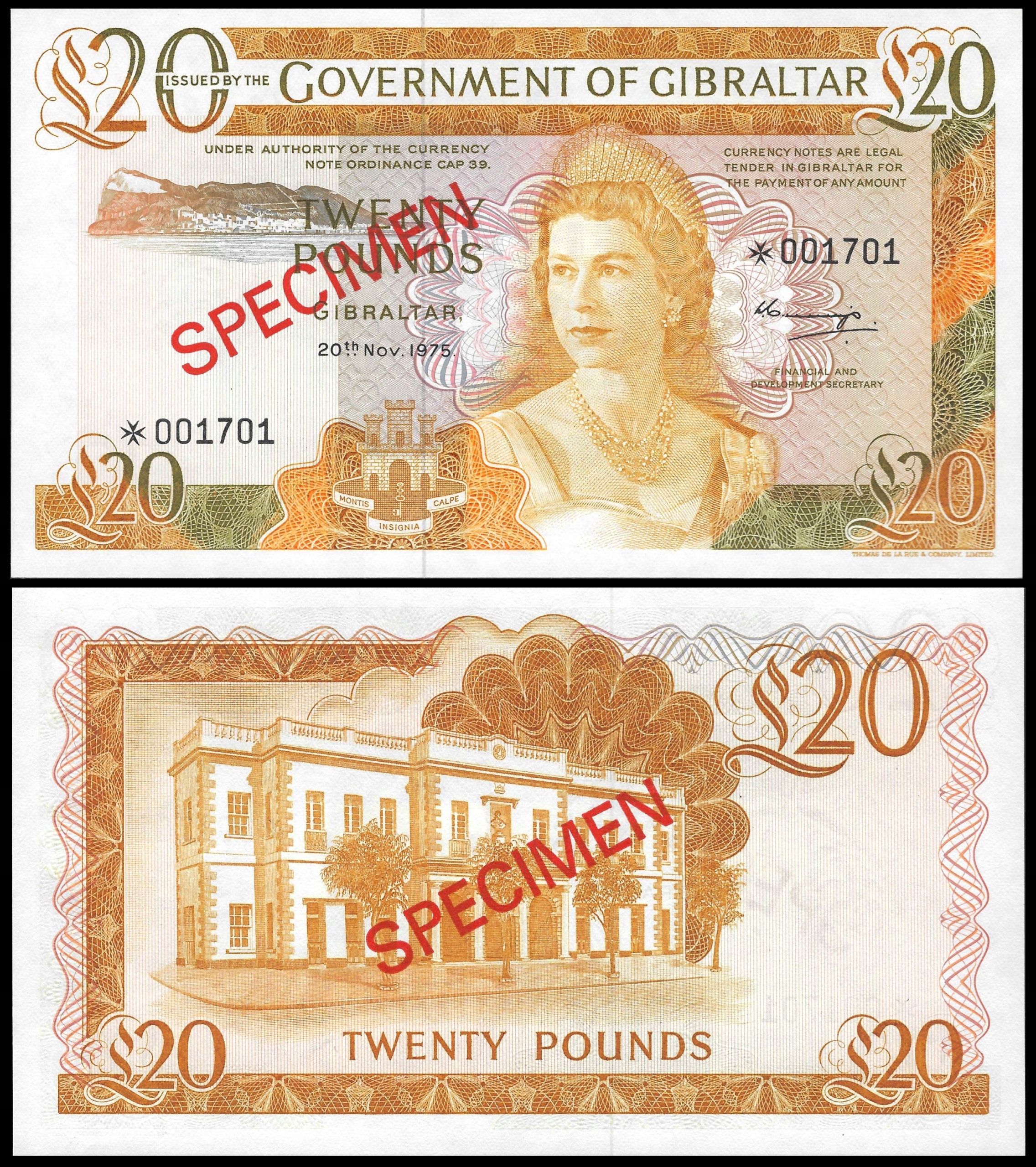 * GIBRALTAR 20 funtów 1975 * UNC * królowa Elżbieta II WZÓR ! Ultra rzadki