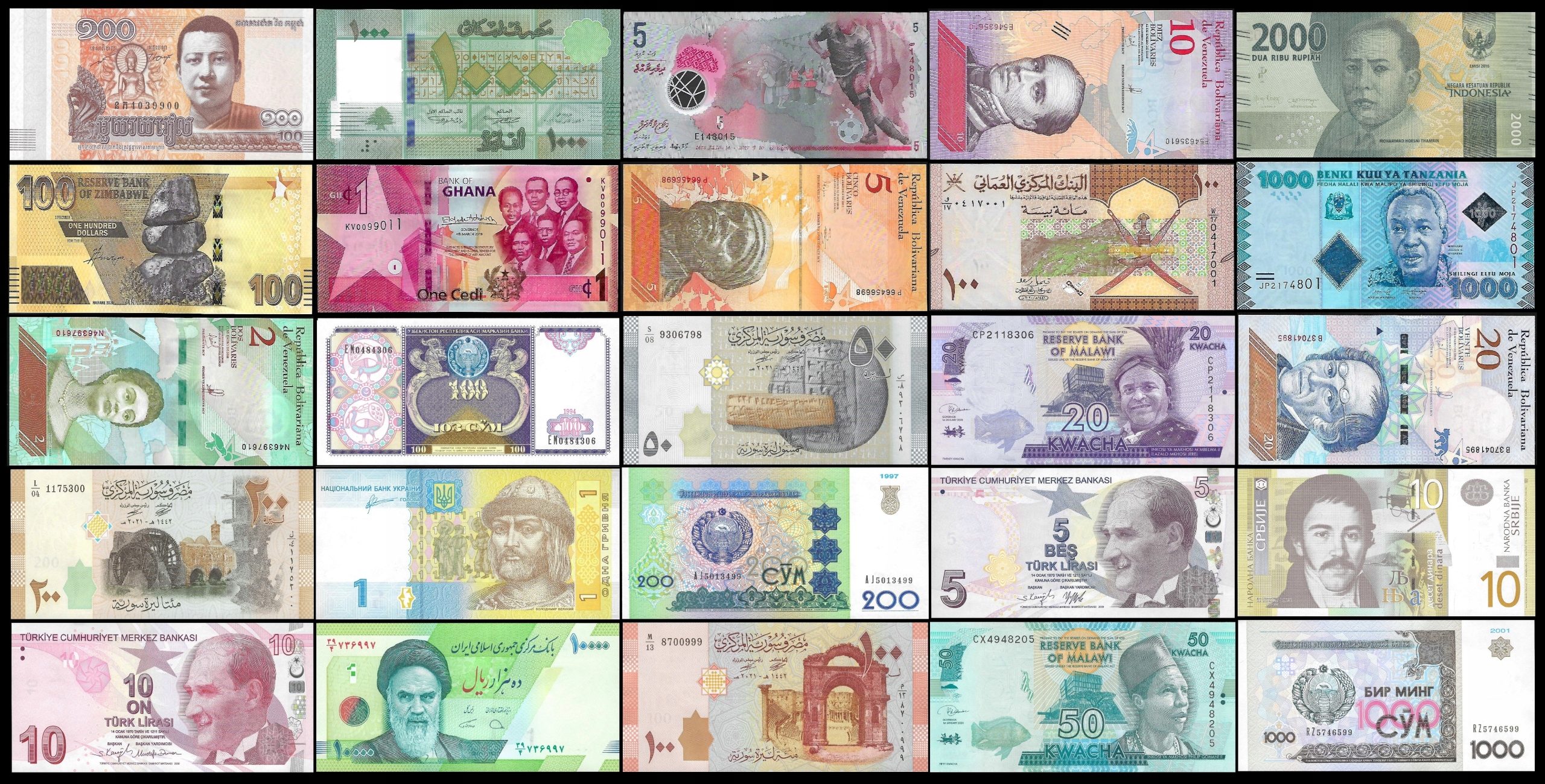 * ZESTAW 25 banknotów świata 2B- Zimbabwe,Syria, Ghana,Oman,Uzbekistan* UNC