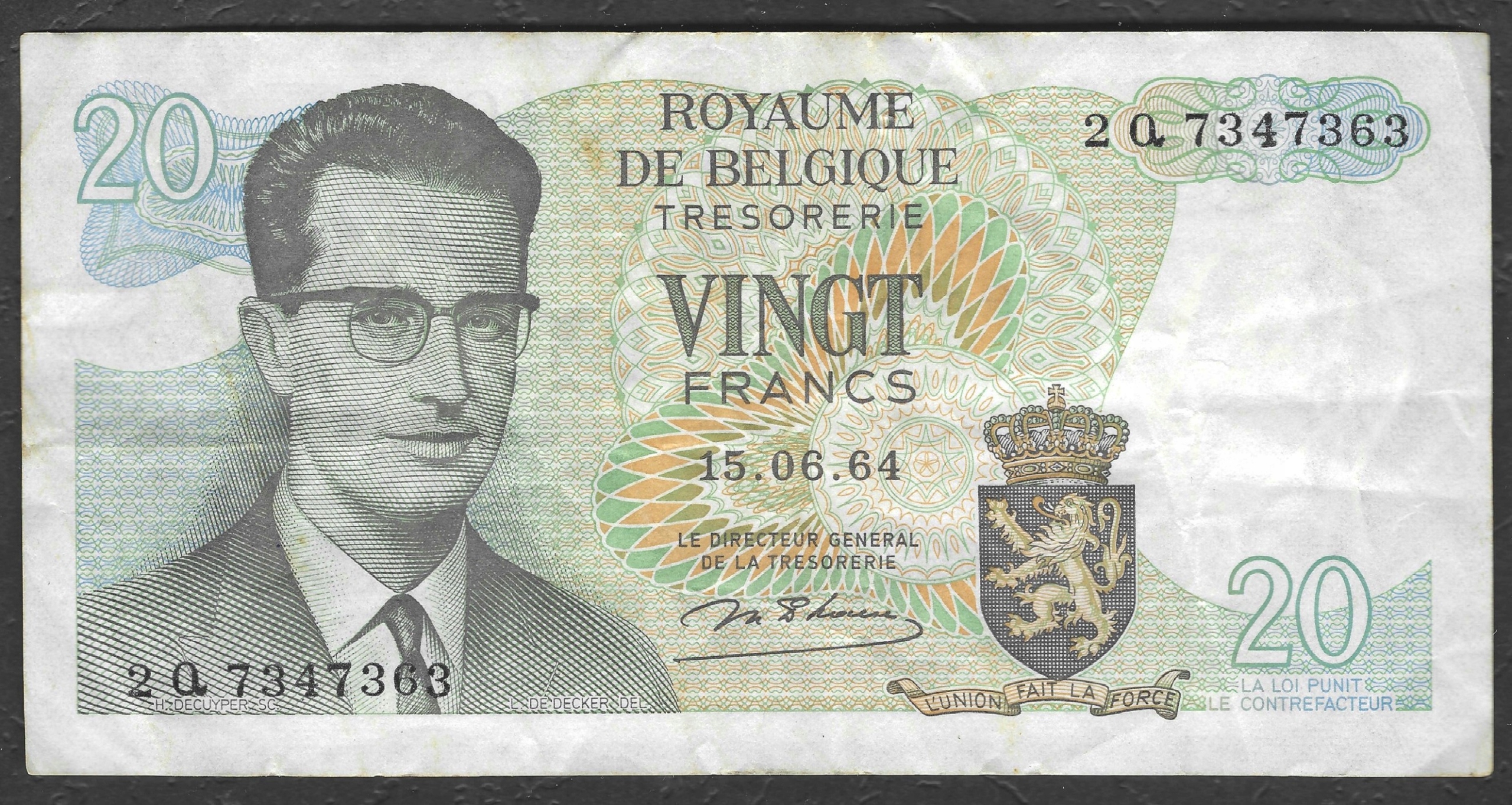 * BELGIA 20 francs 1964 P-138 ** stan z obiegu ** król Baldwin I * 2Q