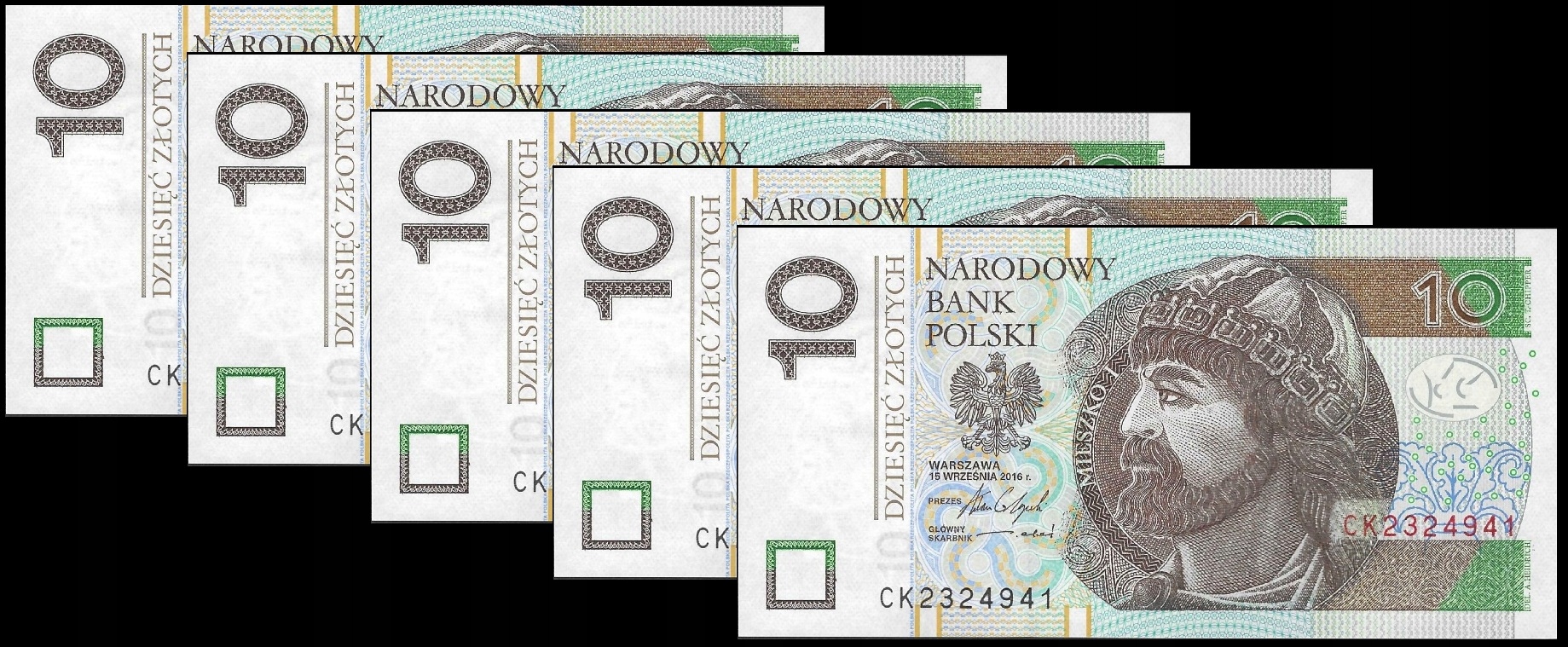 * POLSKA 5 x 10 złotych 2016 ** stan UNC * seria CK * kolejne numery