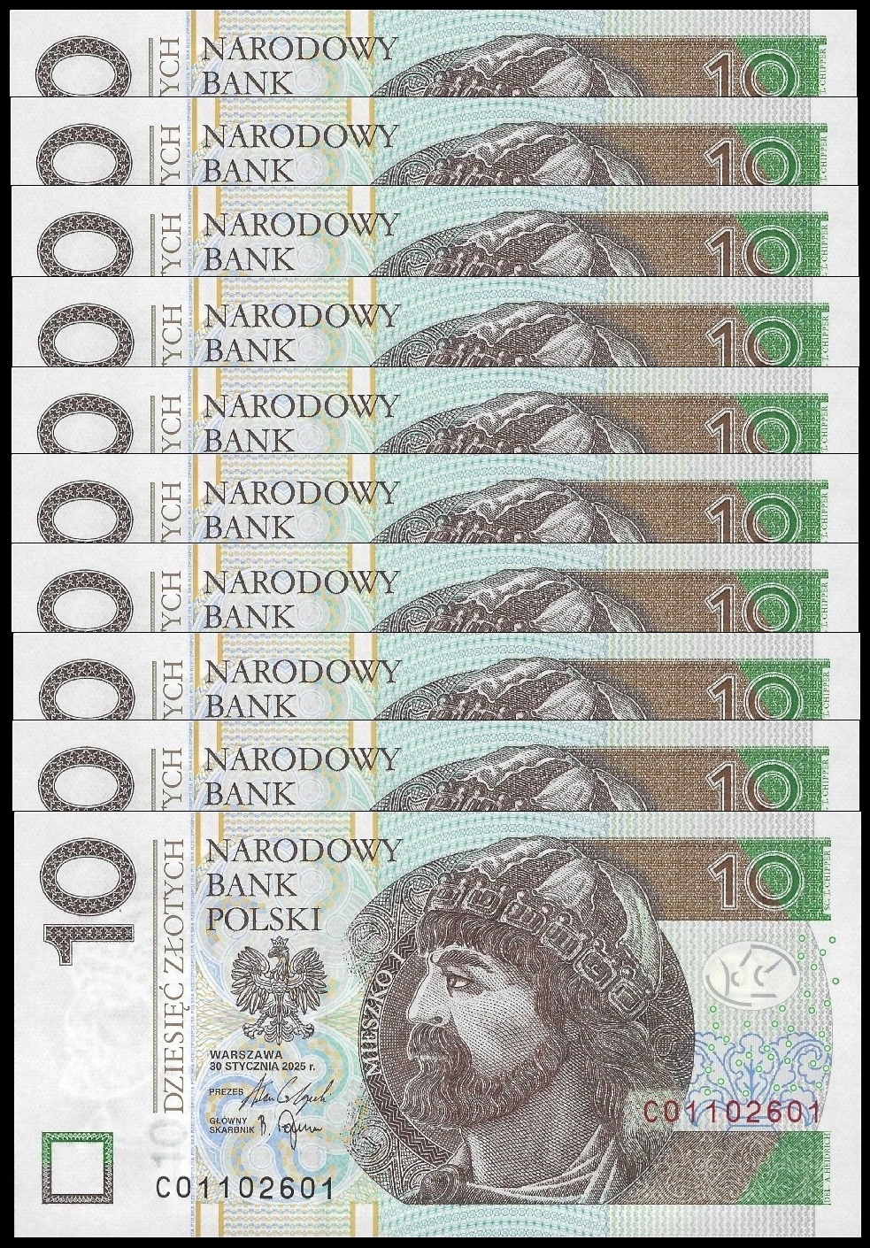 * POLSKA 10 x 10 złotych 2025 P-183 UNC seria CO *nowa data* kolejne numery