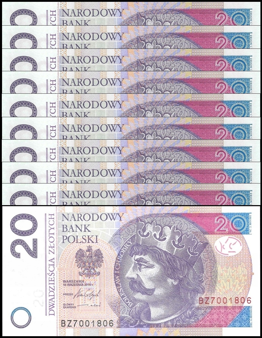 * POLSKA 10 sztuk x 20 złotych 2016 P-184 * UNC * seria BZ * kolejne numery