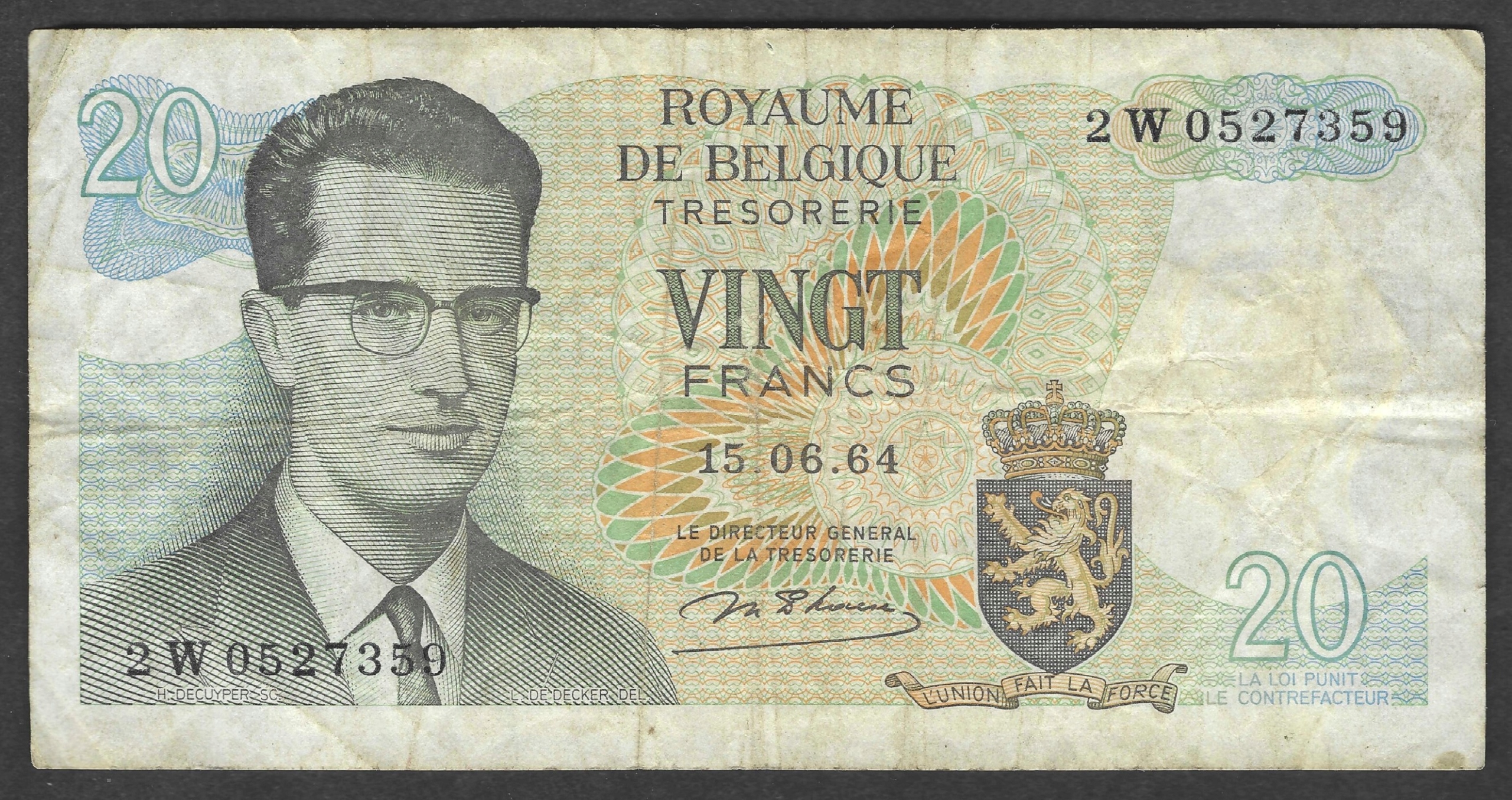 * BELGIA 20 francs 1964 P-138 ** stan z obiegu ** król Baldwin I * 2W