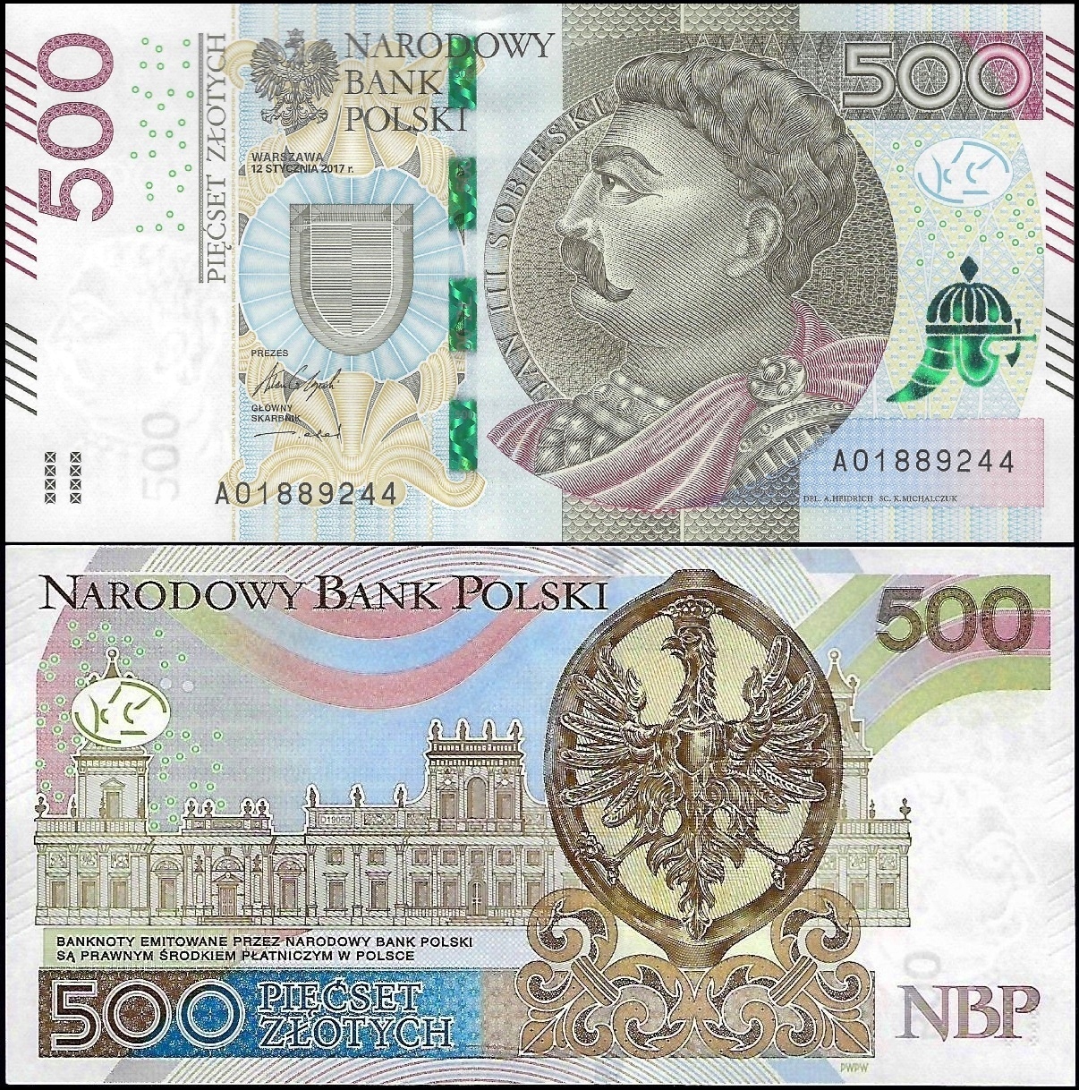 * POLSKA 500 złotych 2017 P-190 ** stan bankowy UNC ** seria AO