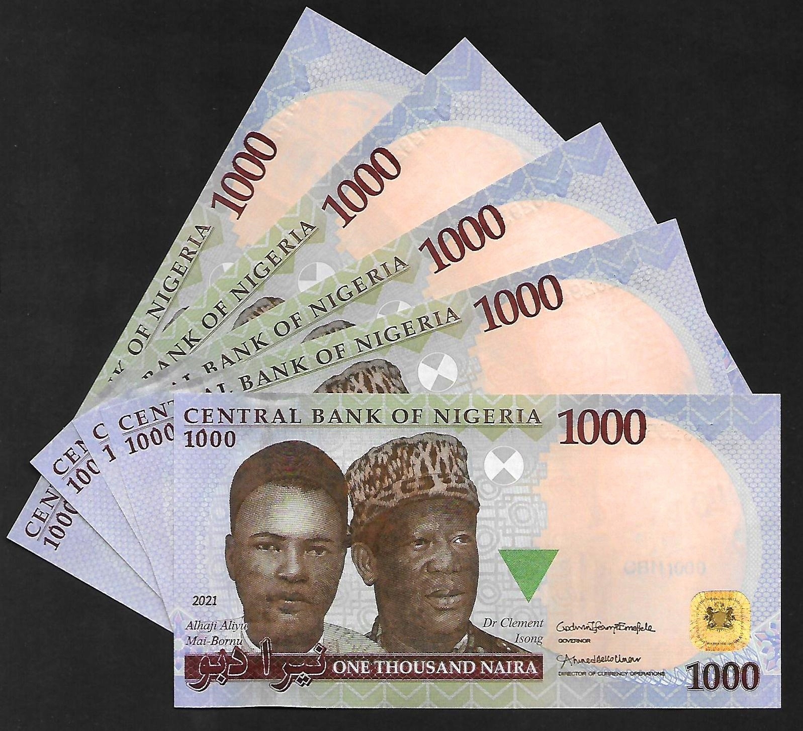 * NIGERIA 1000 naira 2021 P-36 ** UNC ** zestaw 5 sztuk * kolejne numery